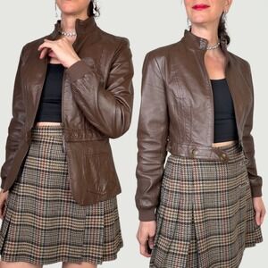 Newport‎ News Leather Moto Jacket Brown Zip Front Vintage Y2K Convertible S